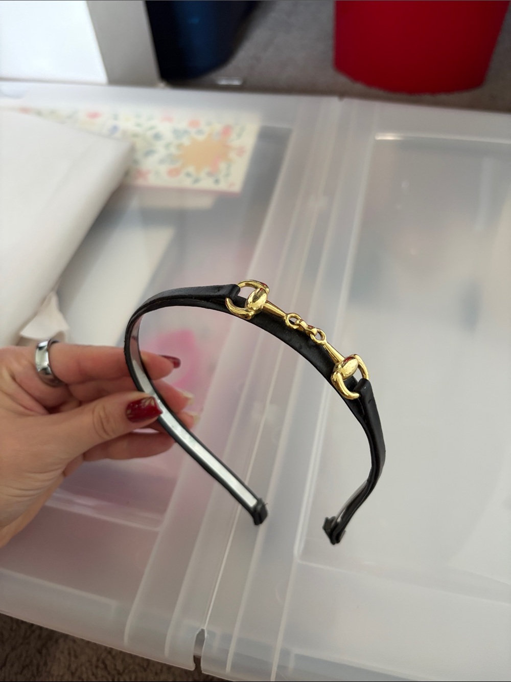 Black Leather Headband with Gold Horsebit Accent